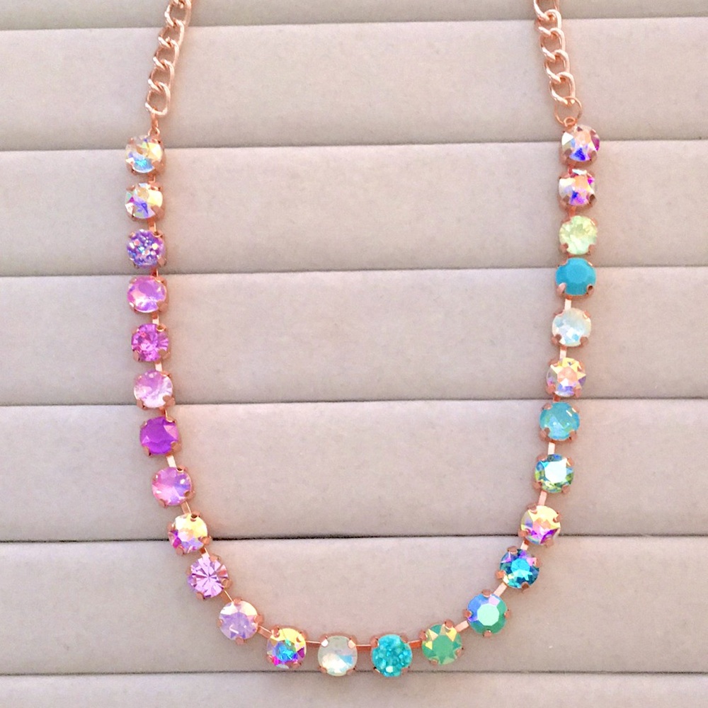Iridescent Purple Opal + Turquoise Ombre Rose Gold Crystal Statement Necklace - Picture 10 of 14